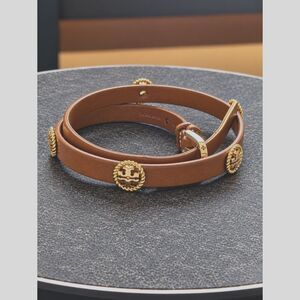 Tory Burch Brown Leather Double Wrap Bracelet Gold Logo Studs New